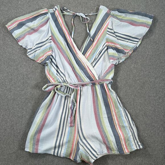 Altar'd State Stripe Romper Flutter Sleeve Size Small Belted V-Neck Blue Pink - Picture 1 of 11